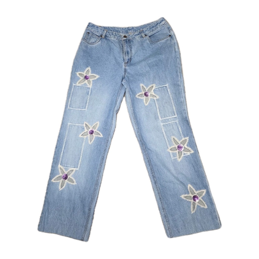 Transport Jeanology Collection Womens 14 Y2K Floral Applique Patchwork Denim